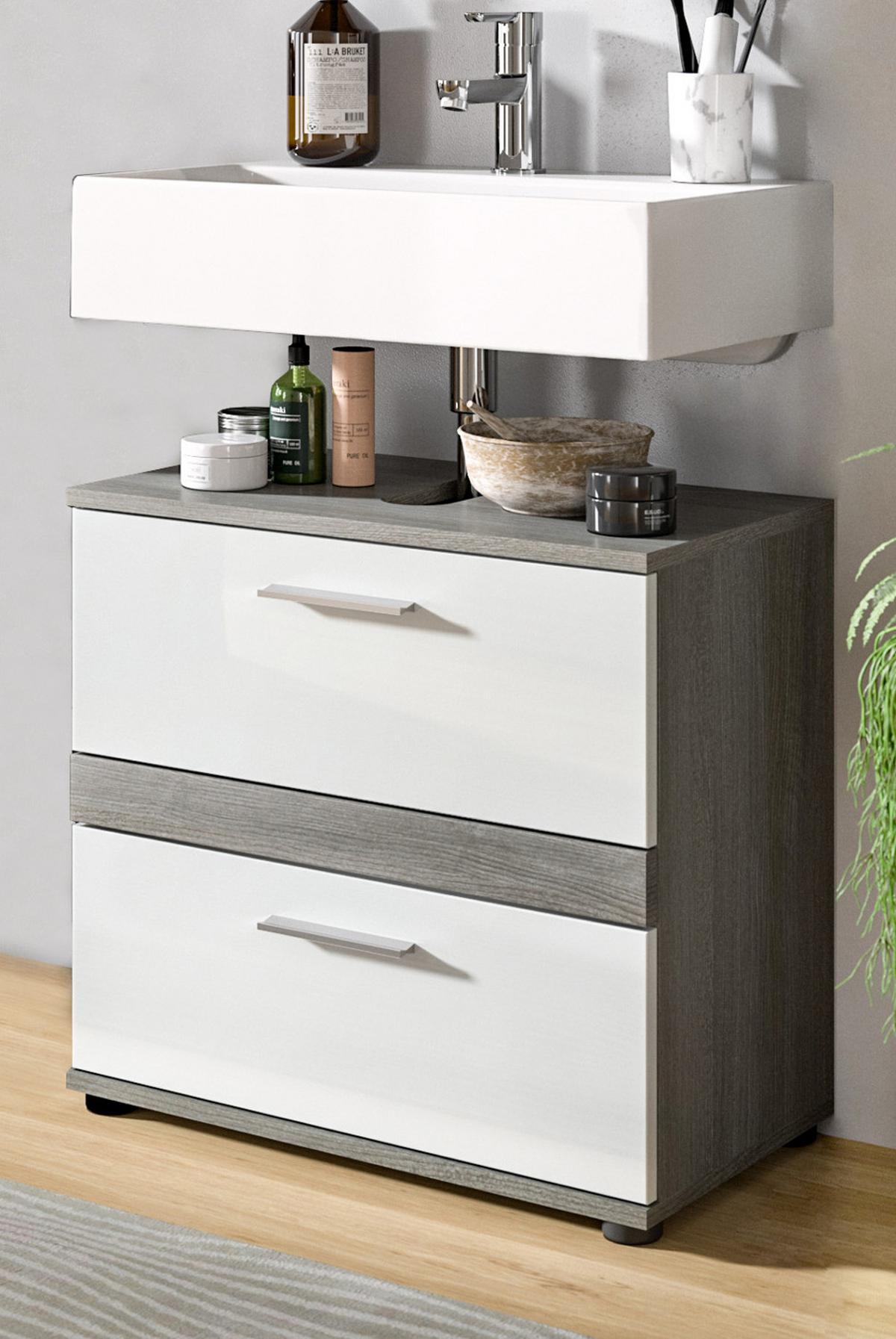 WASCHBECKENUNTERSCHRANK weiß Hochglanz, grau 60 cm, mit Schubkästen - Weiß Hochglanz/Schwarz, Holzwerkstoff/Kunststoff (60/57/34cm) - Inn.Furn