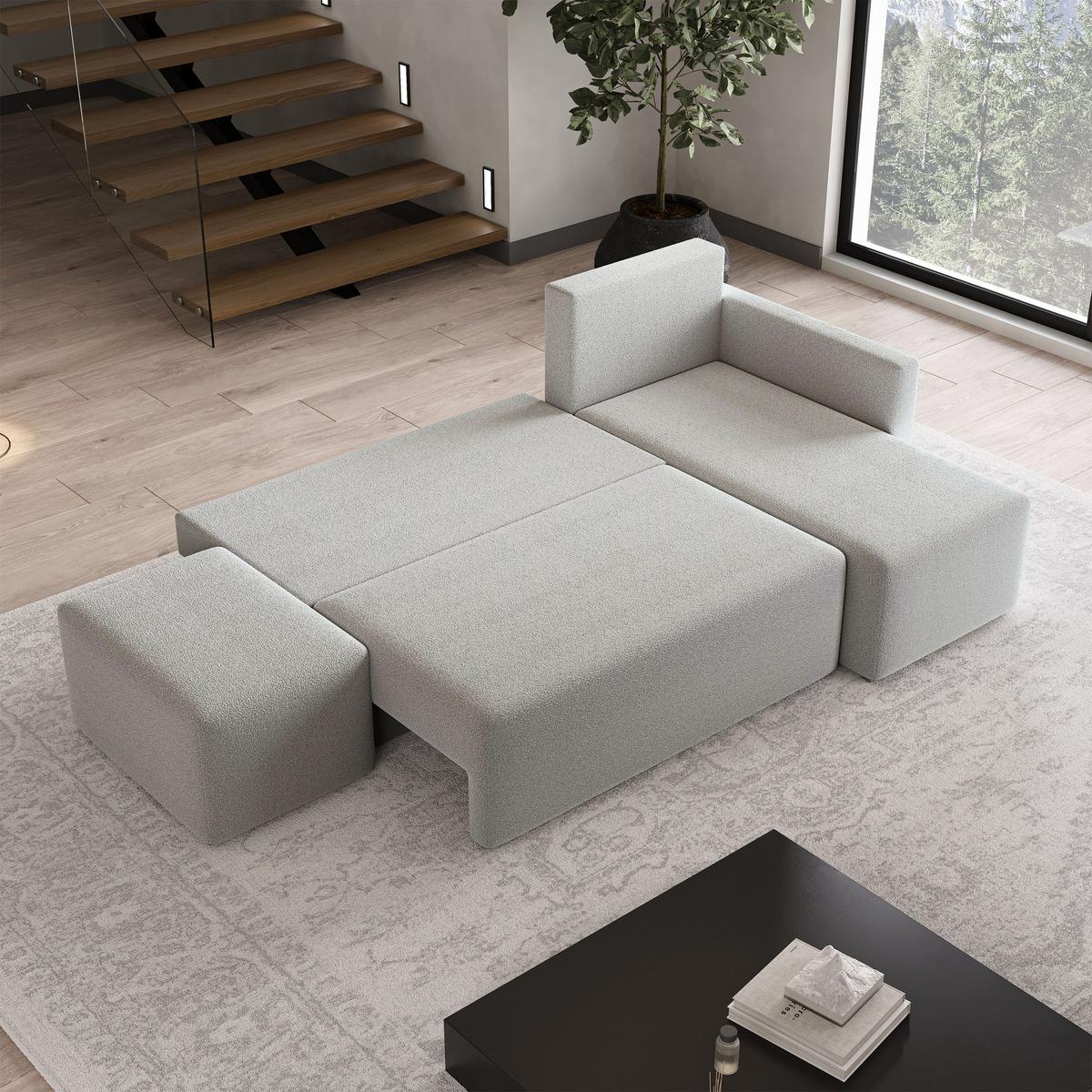 ECKSOFA VELOTTI R-S Hellgrau Boucle-Stoff mit Schlaffunktion - Hellgrau, Holz (261/143cm) - MASSENO