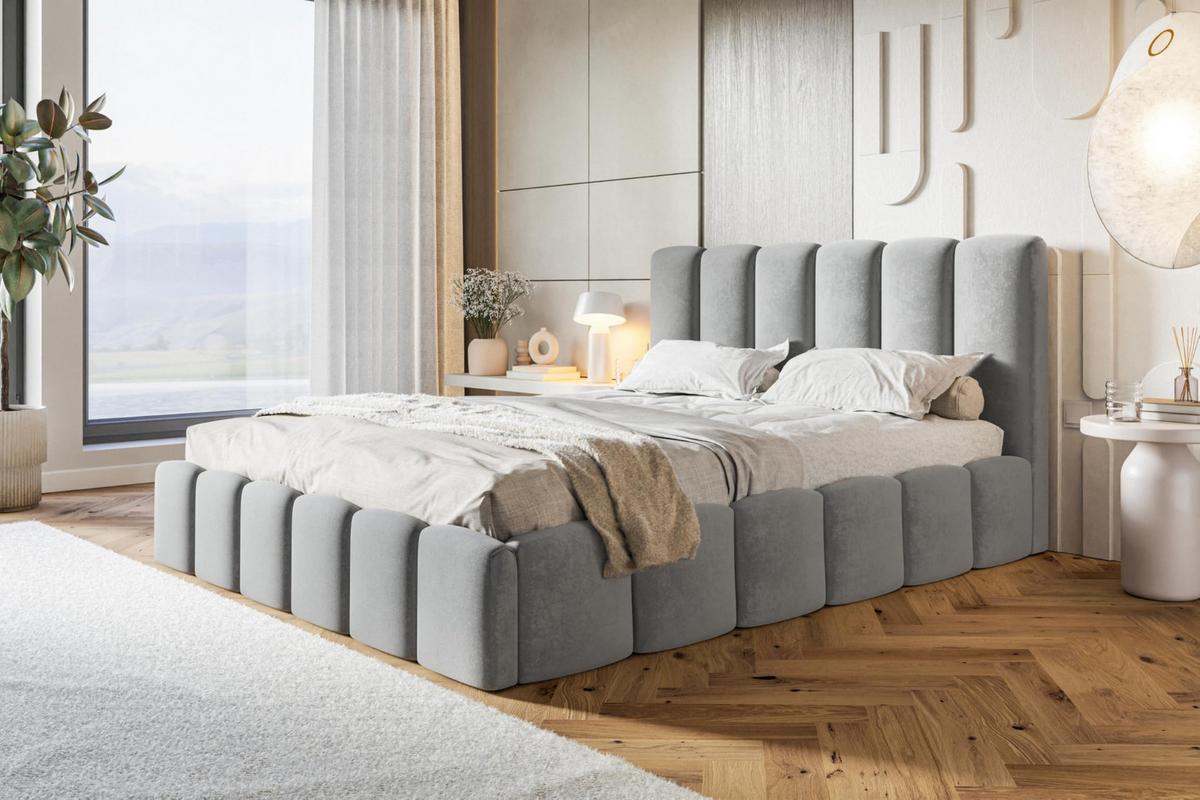 BETT 140x200 - Polsterbett mit Bettkasten und Metallrahmen - Modern Betten - Weicher Jasminstoff - Kollektion Lucy - Grau - Grau, Holz/Textil (140/200cm) - Alpi-Möbel