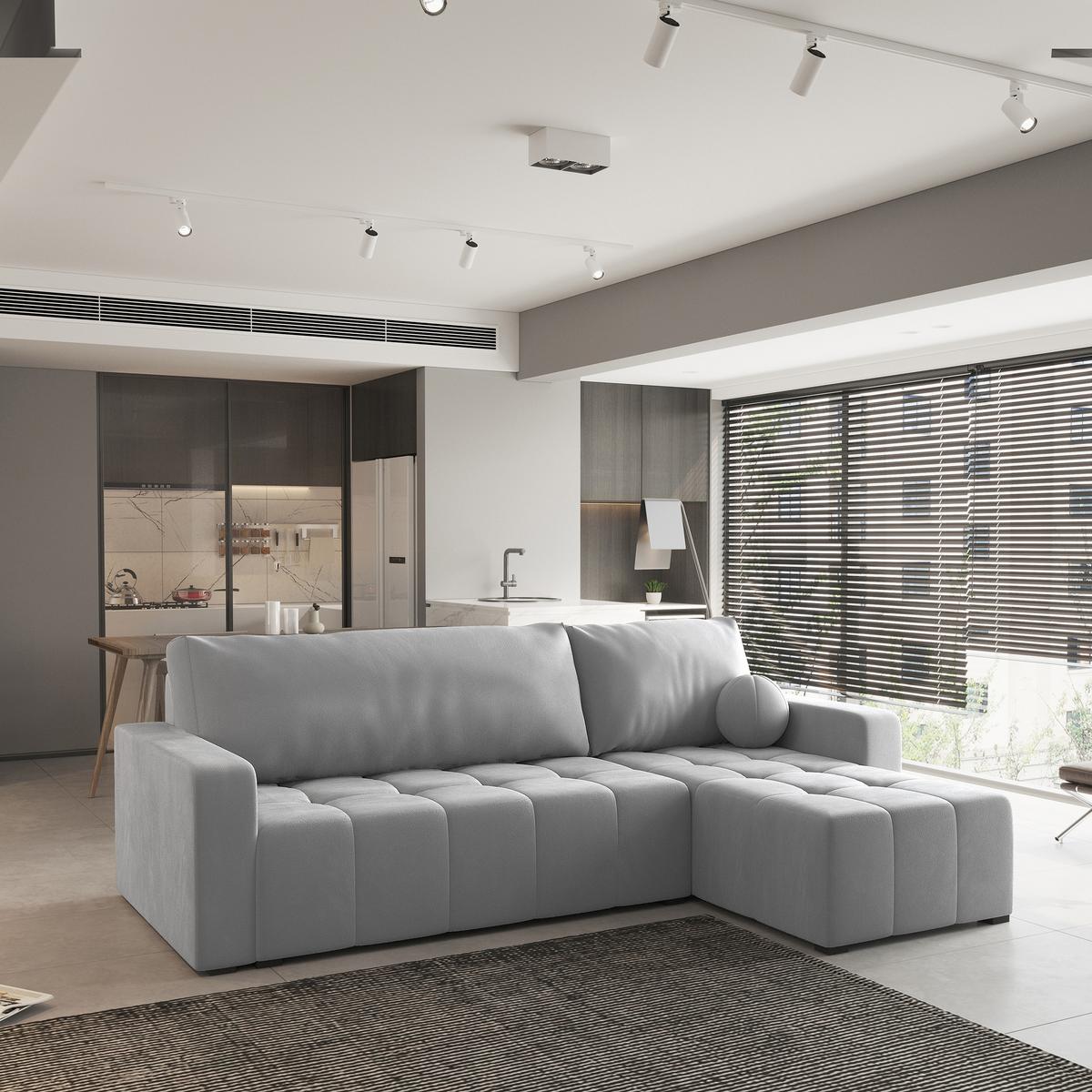 ECKSOFA VOLIRA Hellgrau Plüsch-Stoff mit Schlaffunktion - Hellgrau, Holz (230/143cm) - MASSENO