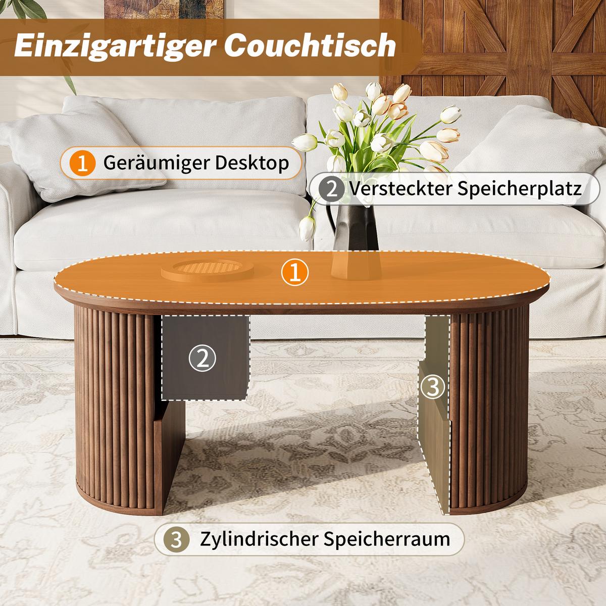 COUCHTISCH Oval Nussbaum Retro-Stil mit vertikaler Textur - Walnussfarben, Holzwerkstoff (50/105/46.5cm) - Urban Meuble