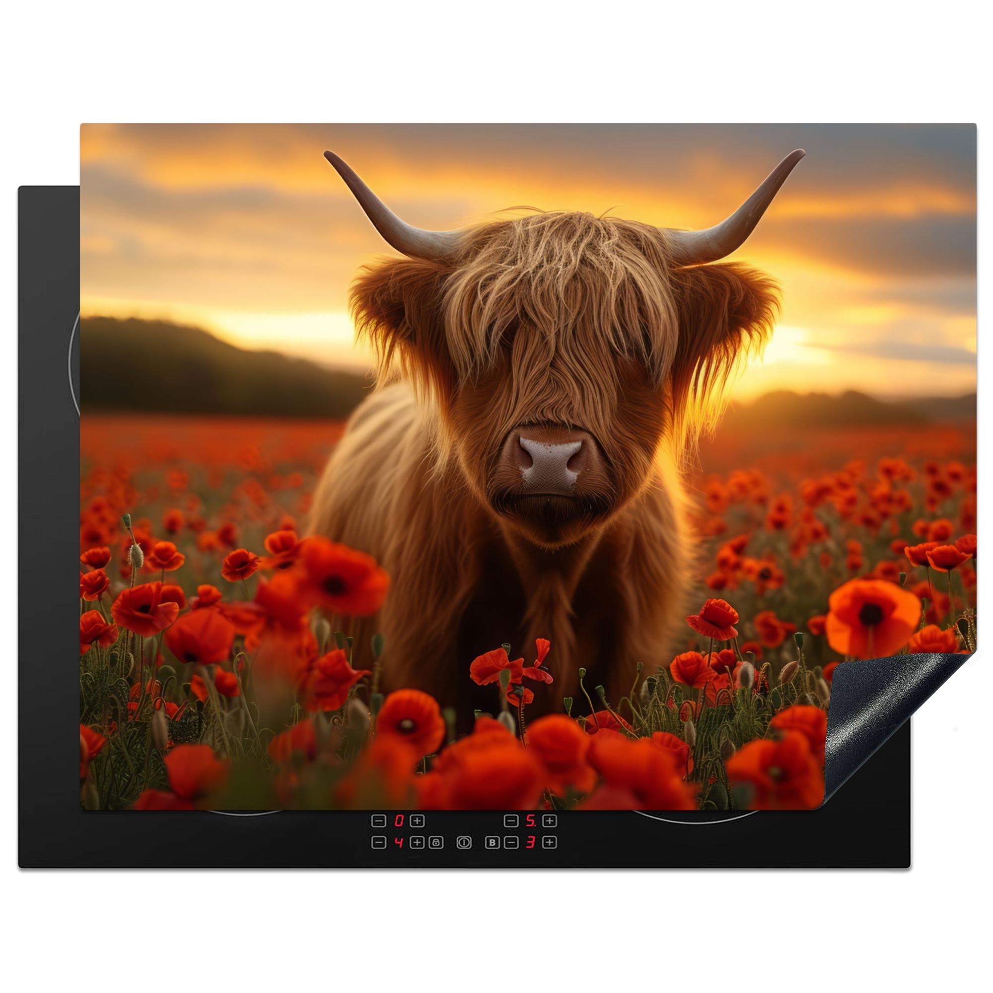 HERDABDECKPLATTE Schottische Highlander - Rosen - Blumenfeld - Sonnenuntergang Induktionsmatte 77x59 cm - Rotbraun, Kunststoff (77/59/0.2cm) - MuchoWow
