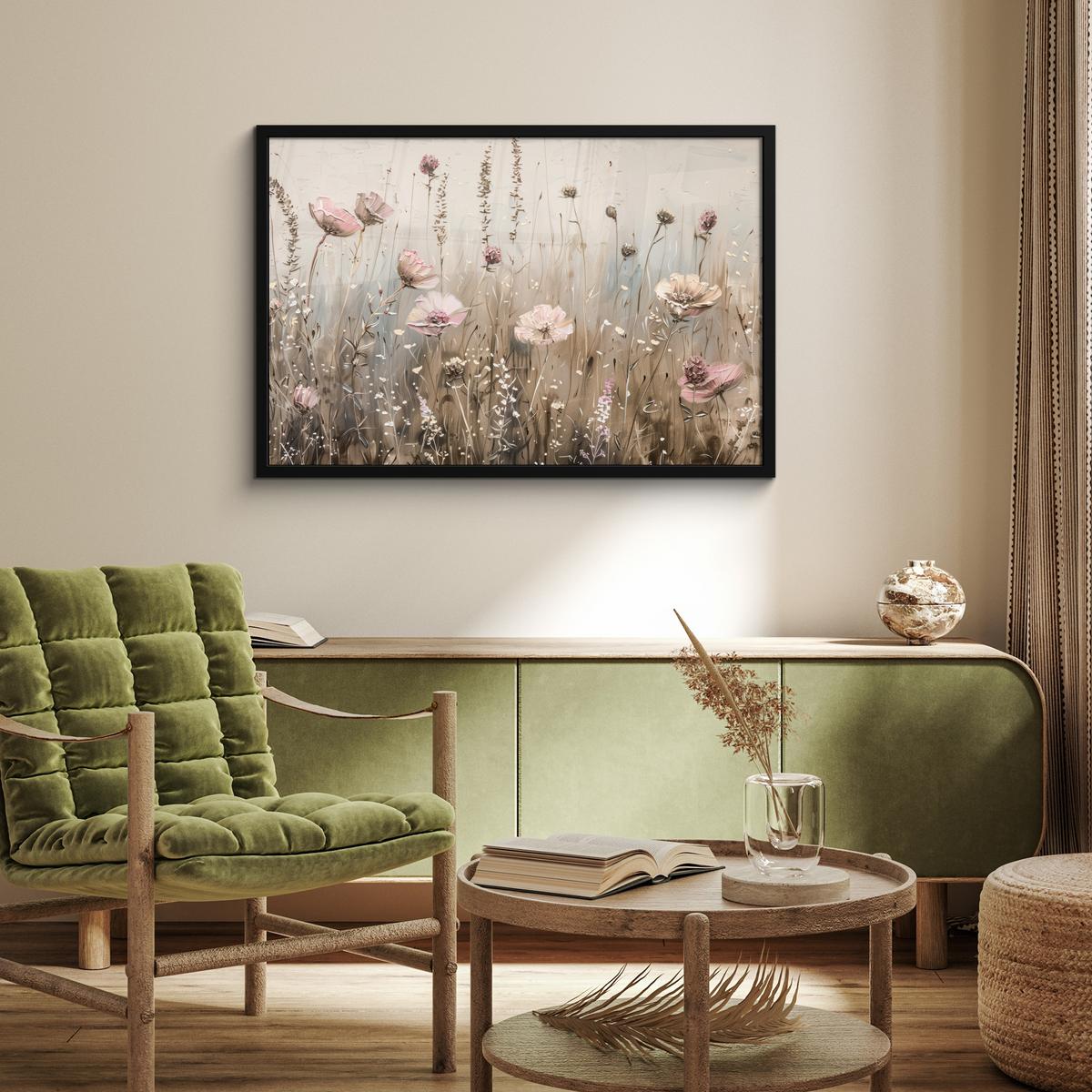 POSTER MIT RAHMENGERAHMTES BILD Blumen - Rosa - Modern - Beige 90x60 cm - Beige, Papier (90/60cm) - MuchoWow