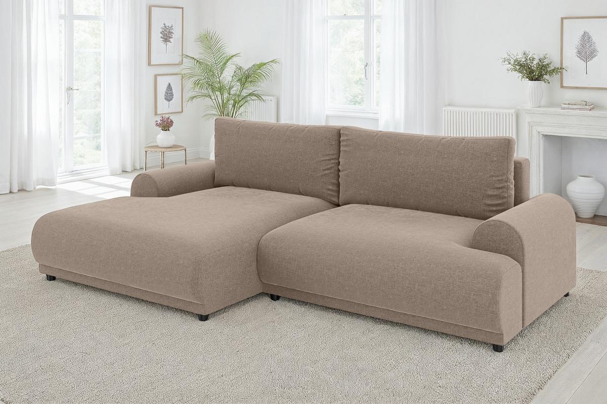 ECKSOFA mit Schlaffunktion, Bettkasten, extrabreite Ottomane links, abgerundete Armlehnen, B240/T145/H81 cm, Chenille Hellbraun / 21022 - Hellbraun/Schwarz, Kunststoff/Textil (240/145cm) - luma-home