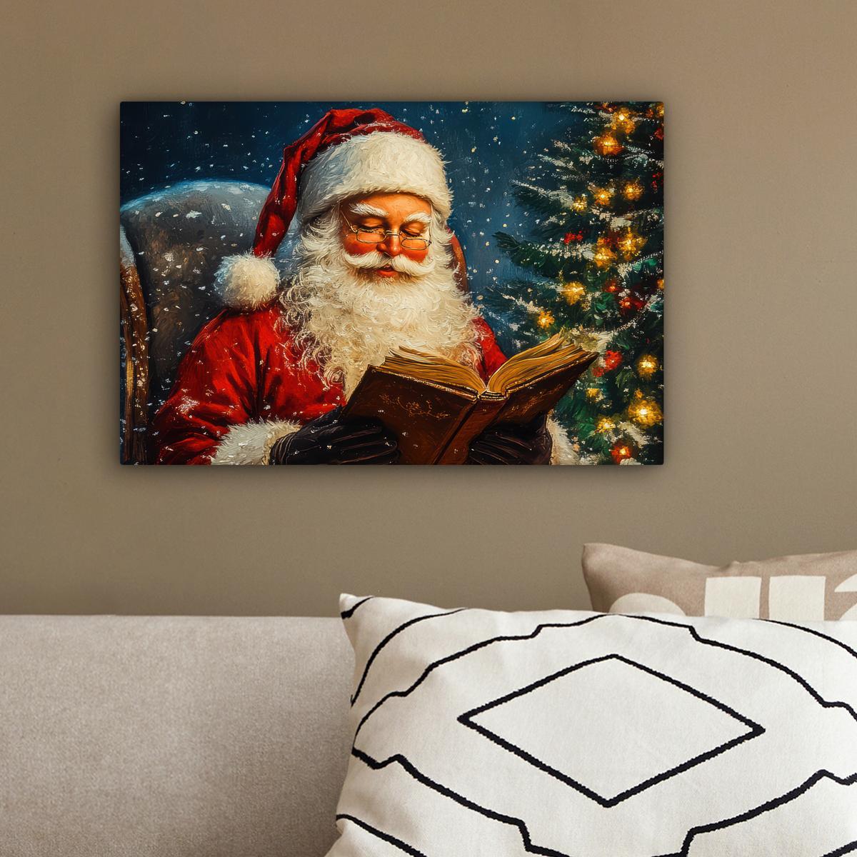 LEINWANDBILD Weihnachtsmann - Weihnachten - Winter - Weihnachtsbaum Deko Schlafzimmer 30x20 cm - Bordeaux, Textil (30/20cm) - MuchoWow