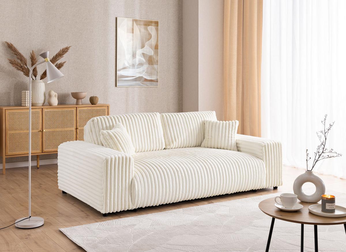 SITZGARNITUR 3+2 Mollis Hellbeige Plüschcord - Beige/Schwarz, Holz/Kunststoff (213/79/108cm) - S-Style Möbel