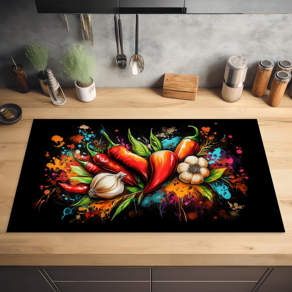 HERDABDECKPLATTE Gemüse - Paprika - Knoblauch - Graffiti - Farbe - Bunt Induktionsschutz 89.6x51.6 cm - Rot, Kunststoff (89.6/51.6/0.2cm) - MuchoWow