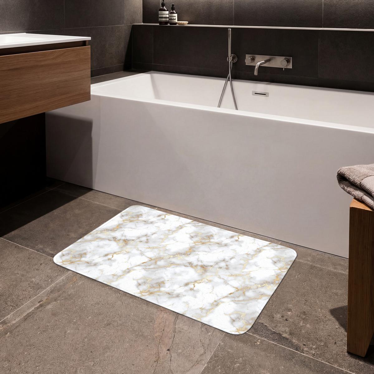 BADEMATTE Goldene Adern - Marmor - Weiß 80x50 cm - Weiß, Textil (80/50cm) - OnlyWow