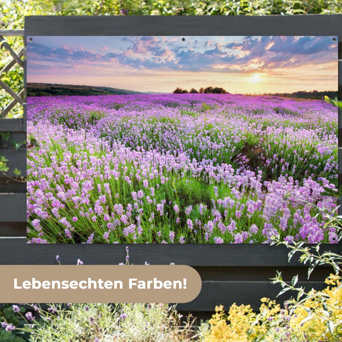 GARTENPOSTER Blumen - Lavendel - Lila - Himmel - Sonnenuntergang - Wiese - Natur Poster für draußen 180x120 cm - Flieder, Kunststoff (180/120/0.2cm) - OnlyWow