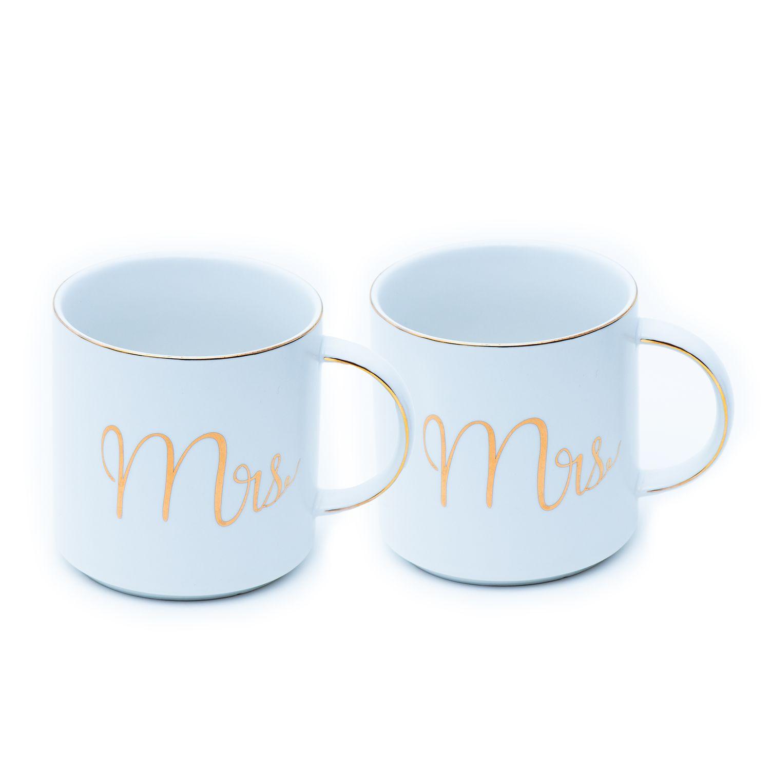 KAFFEETASSE mit Goldrand und Aufschrift Mrs & Mrs 300 ml (2-tlg.) - Weiß, Keramik (0.3L) - Intirilife