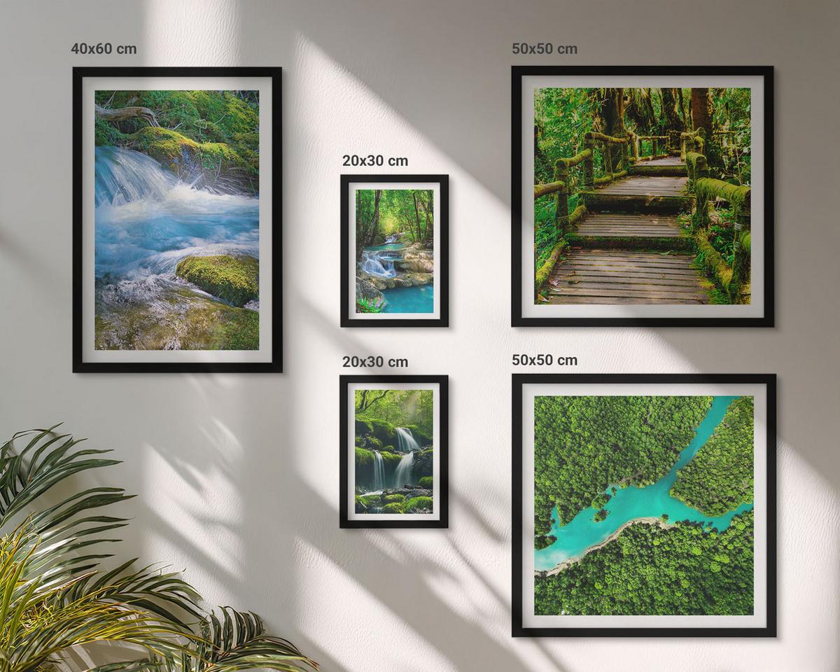BILDER SET 5er Set - 50x50 cm & 20x30 cm & 40x60 cm Schwarzer Rahmen - Grüne Berge, Flussfelsen - Schwarz, Kunststoff (40/60cm) - TULUP