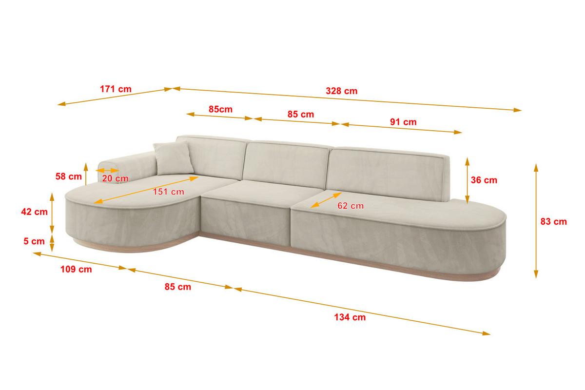 ECKSOFA Ottomane Links MARI-L2-v1 - 328x171x83 cm Ecru Velours - Ecru, Holzwerkstoff/Textil (328/171cm) - ALTDECOR