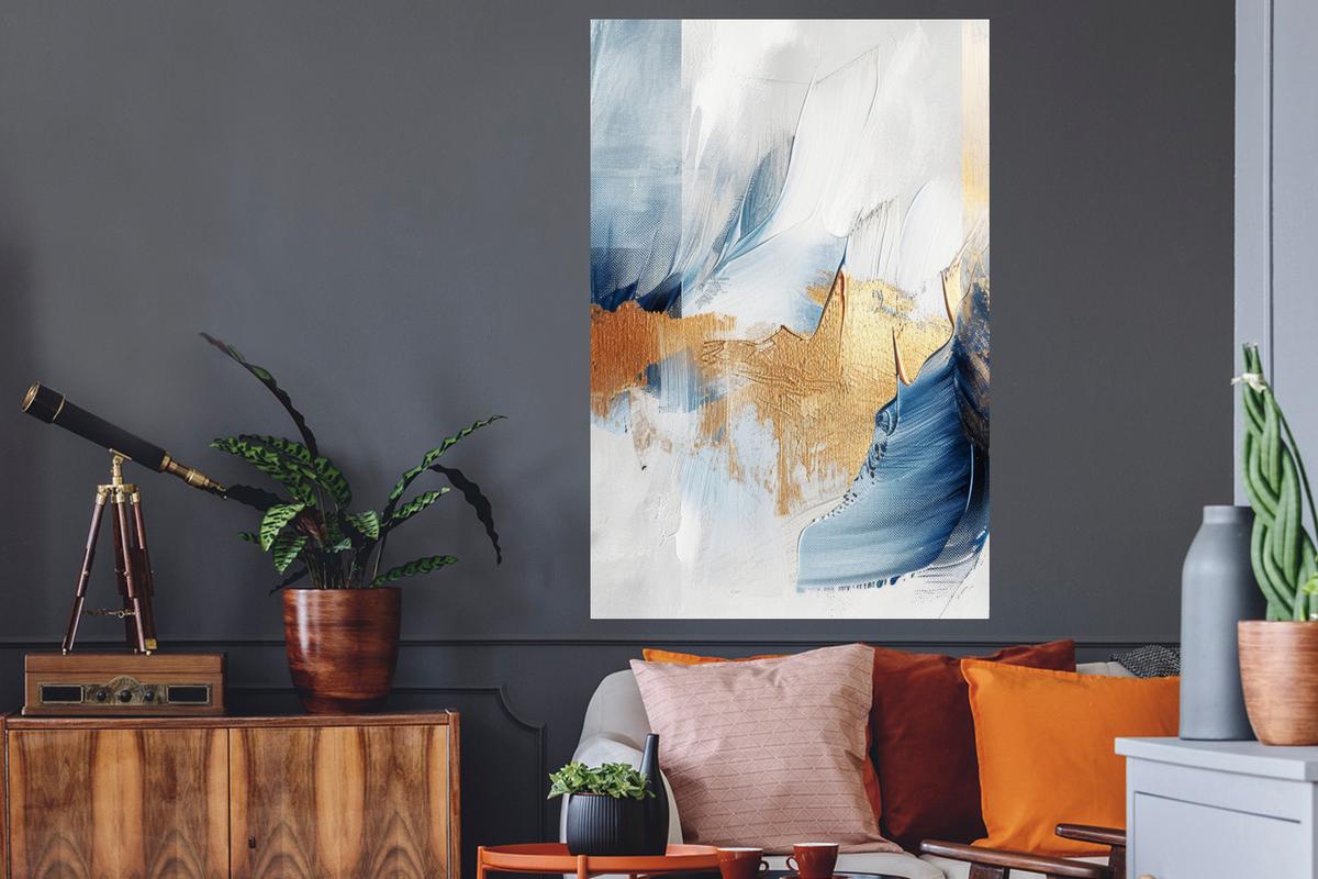 WANDTATTOO Gold - Blau - Aquarell - Kunst - Modern Wandaufkleber 80x120 cm - Hellblau, Kunststoff (80/120/0.1cm) - MuchoWow