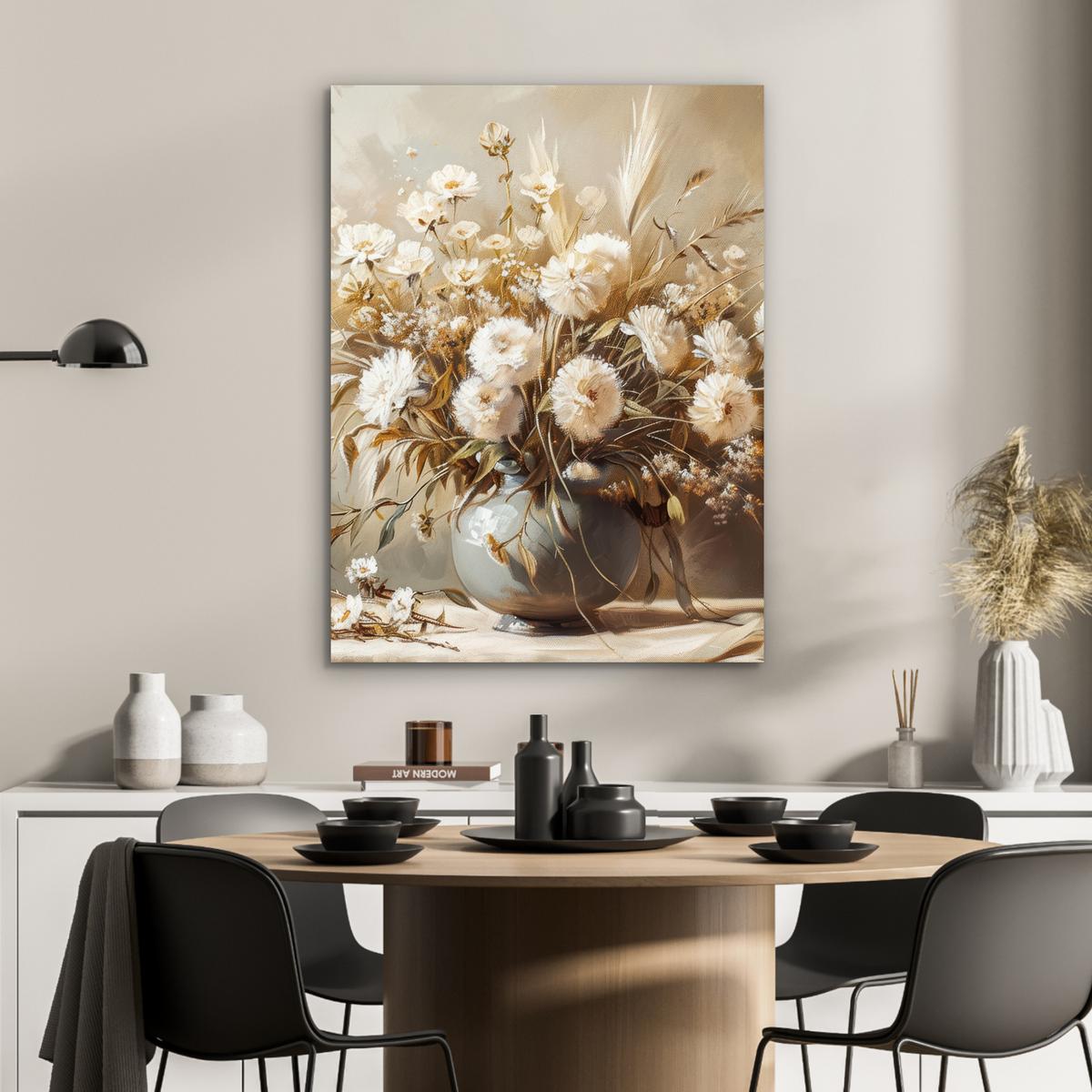 METALLBILD Blumen - Vase - Stilleben - Beige 60x80 cm - Creme, Metall (60/80cm) - MuchoWow