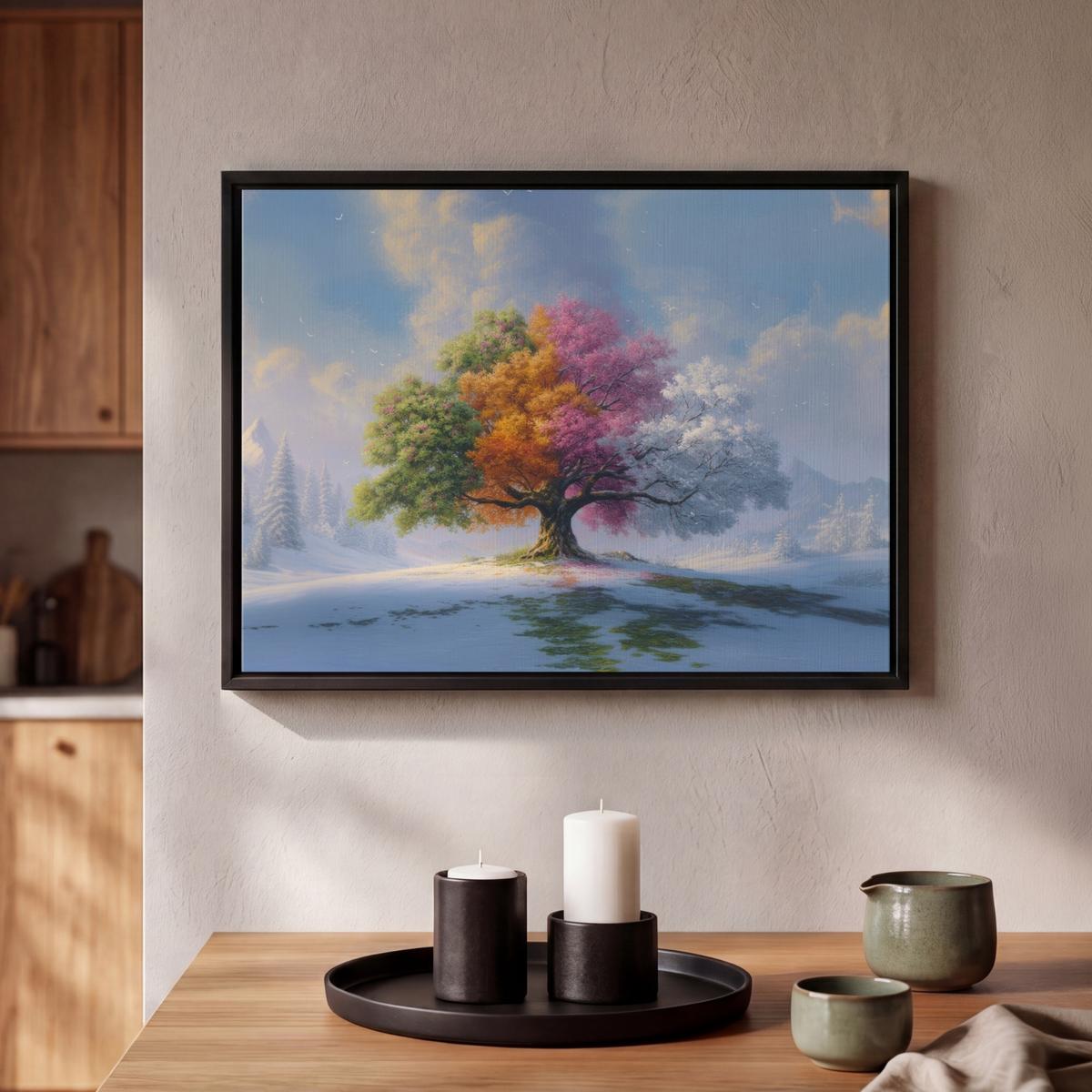 LEINWAND Bilder mit Rahmen - Baum - Jahreszeiten - Winter - Landschaft - 40x30 - Multicolor, Textil (40/30cm) - MuchoWow