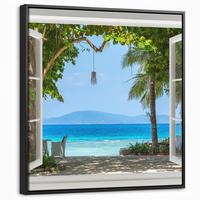 LEINWAND Bilder mit Rahmen - Aussicht - Baum - Meer - Palme - Hügel - Strand - Blau - 50x50 - Blau, Textil (50/50cm) - MuchoWow