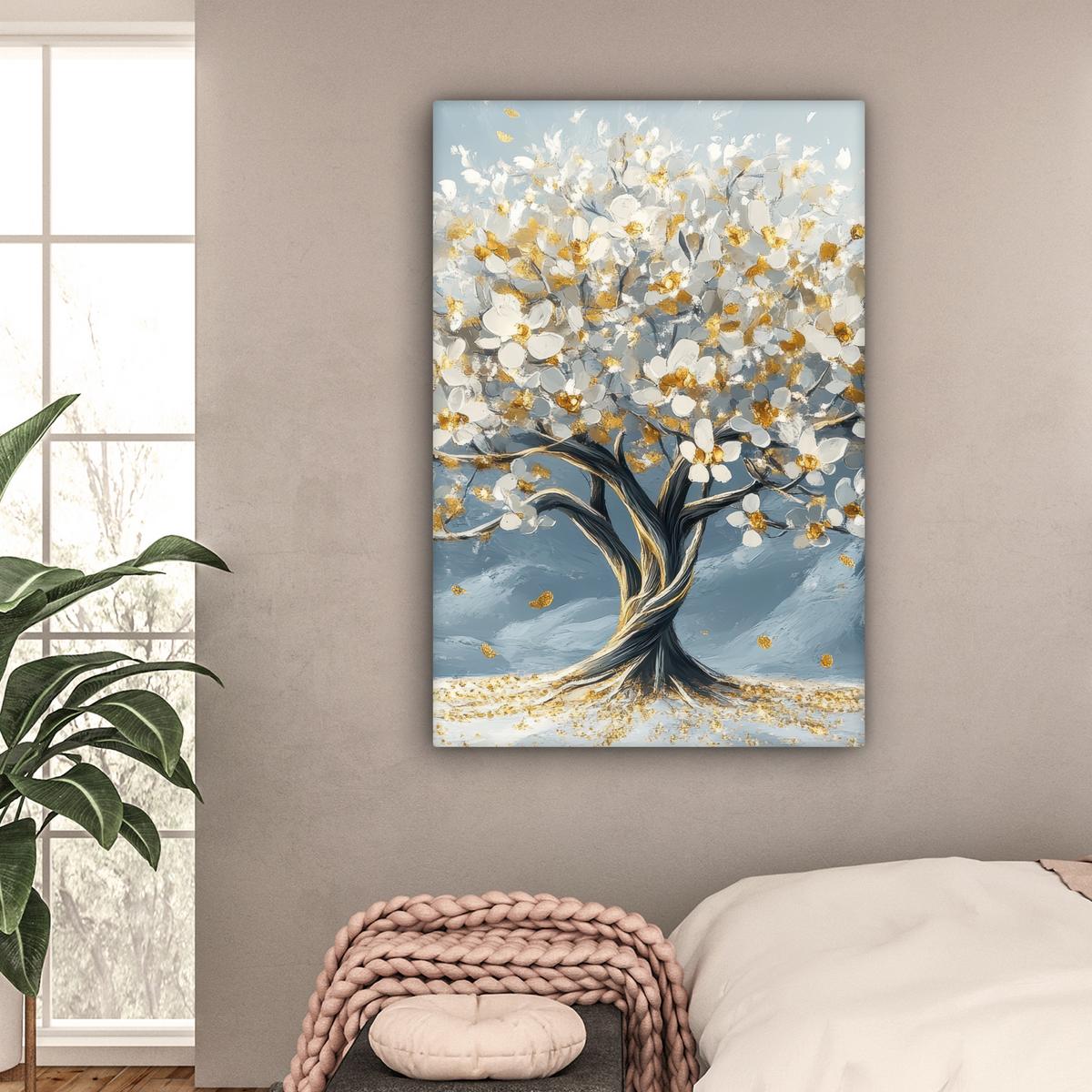 LEINWANDBILD Baum - Winter - Baum des Lebens - Modern - Gold Deko XXL 80x120 cm - Goldfarben, Textil (80/120cm) - MuchoWow