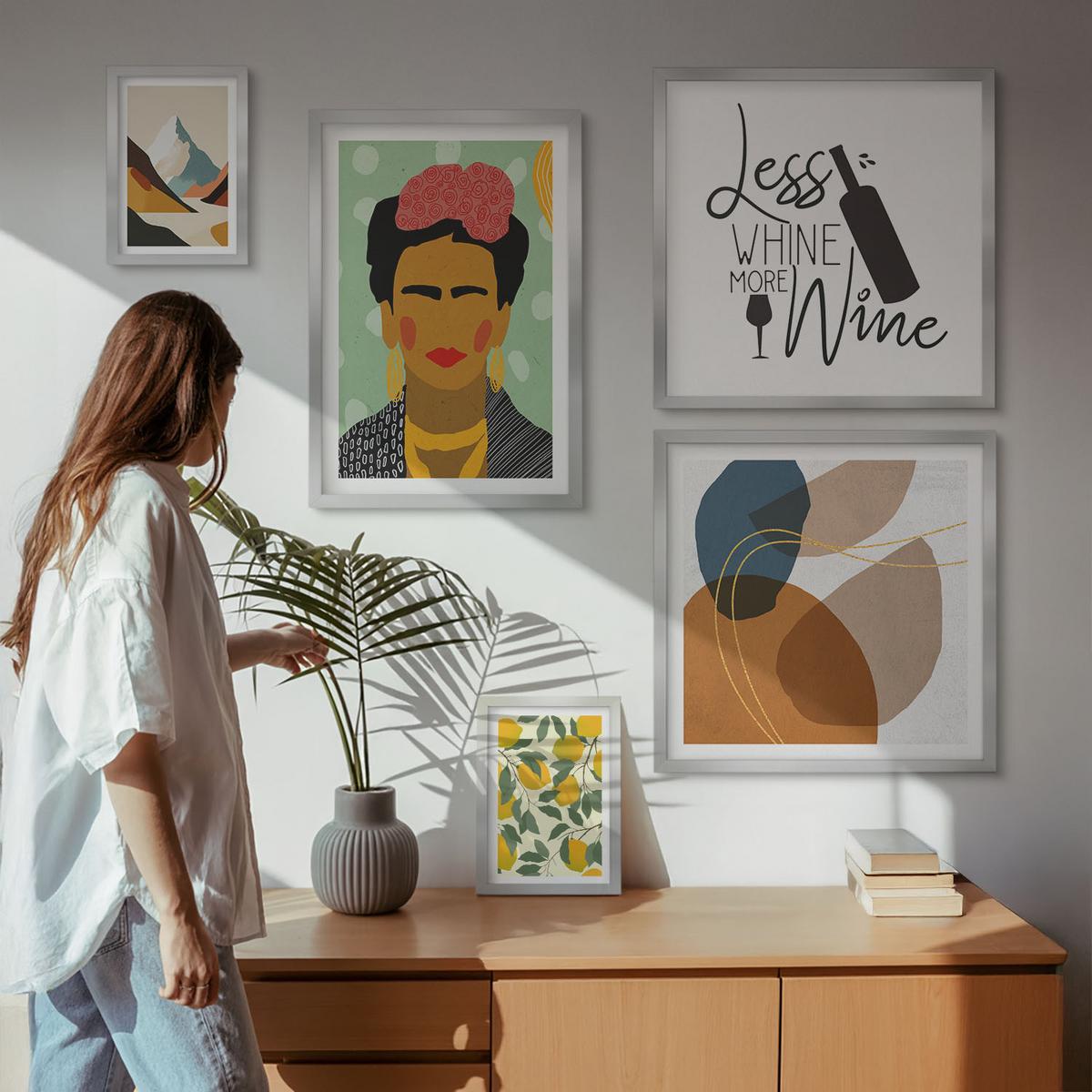 BILDER SET 5er Set - 50x50 cm & 20x30 cm & 40x60 cm Silberner Rahmen - Zitronenweinporträt von Frida - Silberfarben, Kunststoff (40/60cm) - TULUP