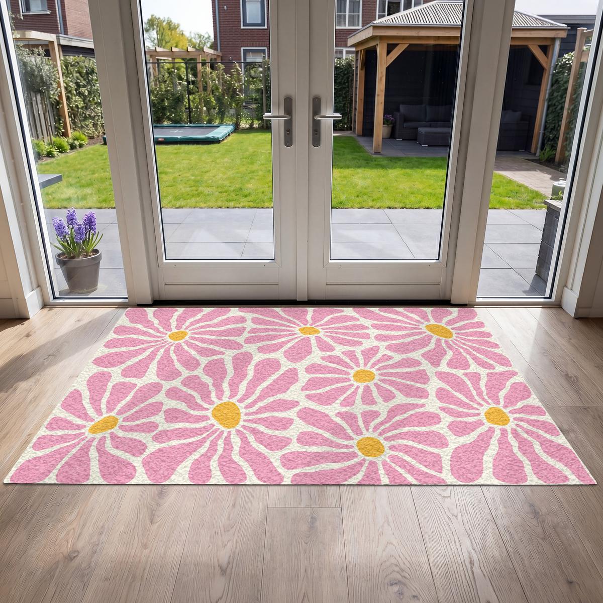 FUSSMATTE Blumen - Muster - Rosa - Beige - Orange Sauberlaufmatte 180x120 cm - Rosa, Kunststoff (180/0.4cm) - MuchoWow