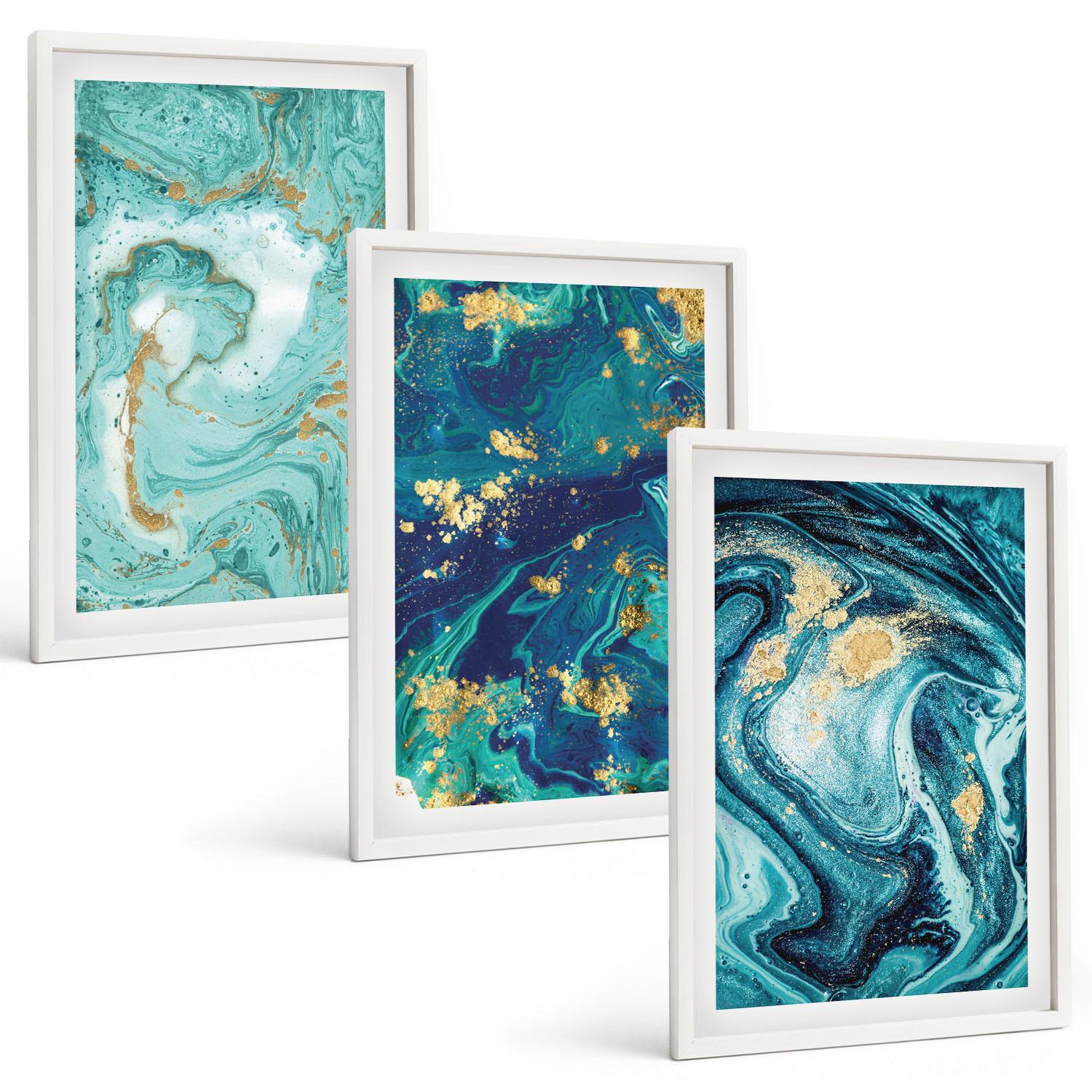 BILDER SET 3er Set - 40x60 cm Weißer Rahmen - Abstraktion von Türkisfarbe - Weiß, Kunststoff (40/60cm) - TULUP