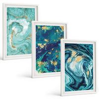 BILDER SET 3er Set - 40x60 cm Weißer Rahmen - Abstraktion von Türkisfarbe - Weiß, Kunststoff (40/60cm) - TULUP