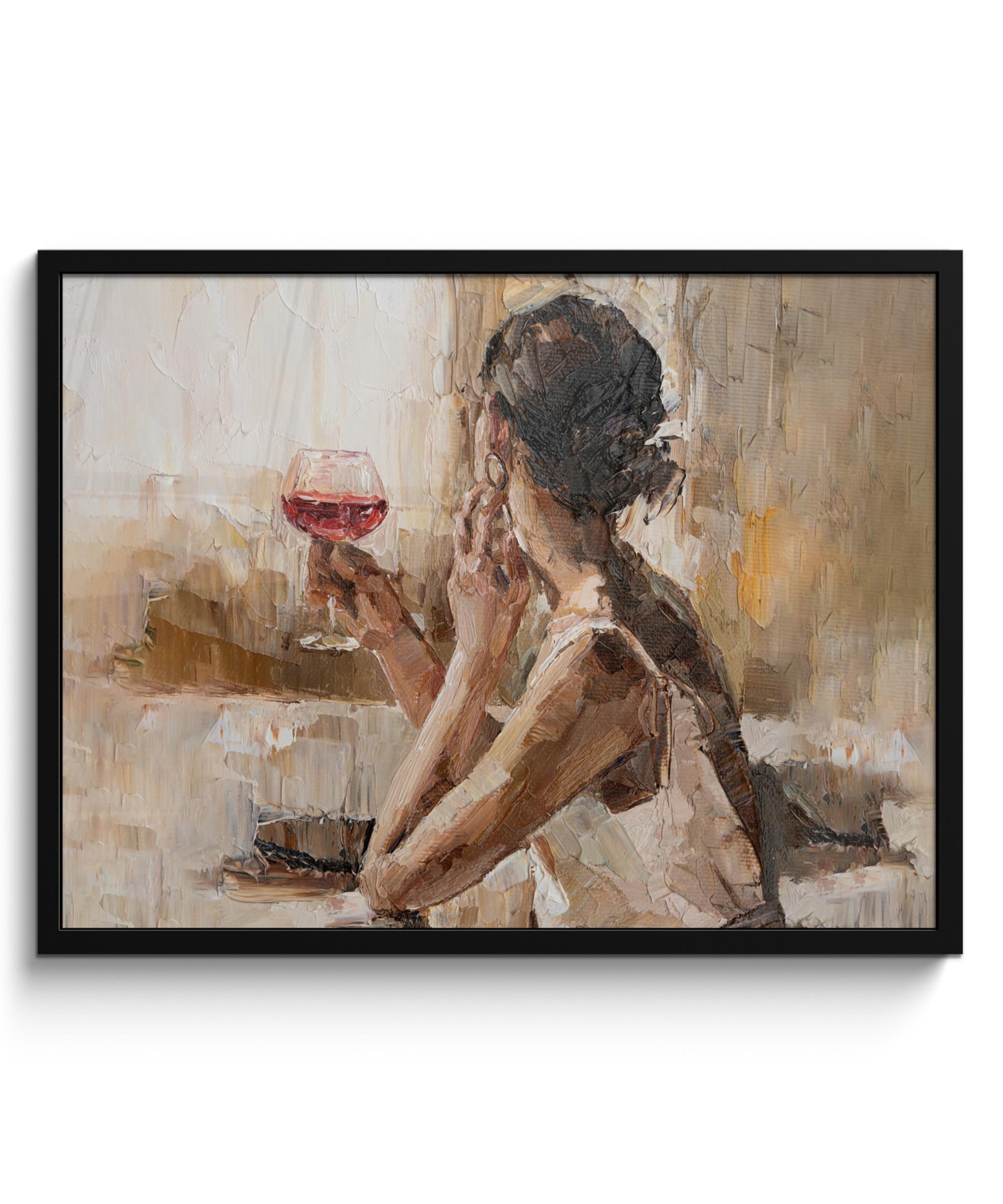 POSTER MIT RAHMEN Ölgemälde - Frau - Wein 80x60 cm - Hellbraun, Papier (80/60cm) - MuchoWow