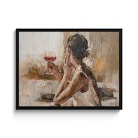 POSTER MIT RAHMENGERAHMTES BILD Ölgemälde - Frau - Wein 80x60 cm - Hellbraun, Papier (80/60cm) - MuchoWow