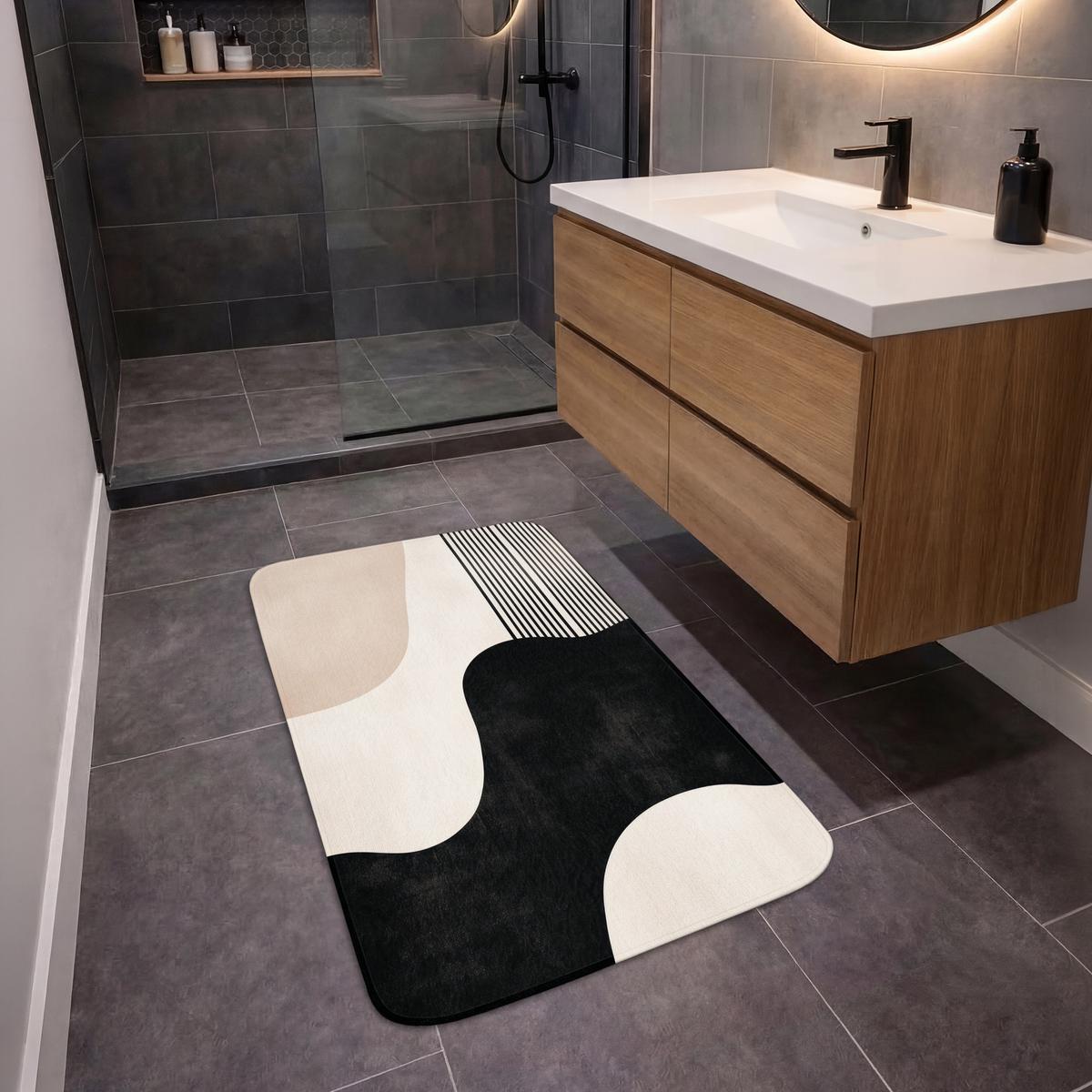BADEMATTE Abstrakt - Japandi - Beige - Modern Rutschfest 60x90 cm - Beige/Schwarz, Textil (60/90cm) - OnlyWow