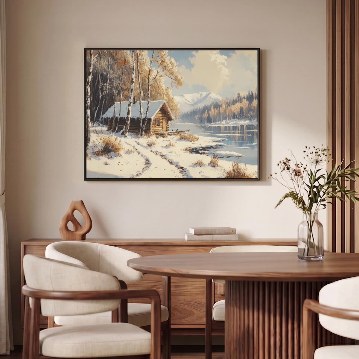 LEINWAND Bilder mit Rahmen - Winter - Schnee - Zuhause - Natur - 100x70 - Hellbraun, Textil (100/70cm) - MuchoWow
