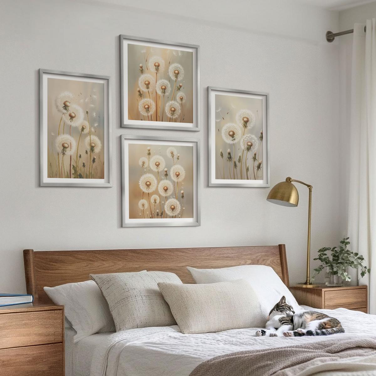 BILDER SET 4er Set - 50x50 cm & 40x60 cm Silberner Rahmen - Weiße Löwenzahnblüten auf hellem Hintergrund - Silberfarben, Kunststoff (50/50cm) - TULUP