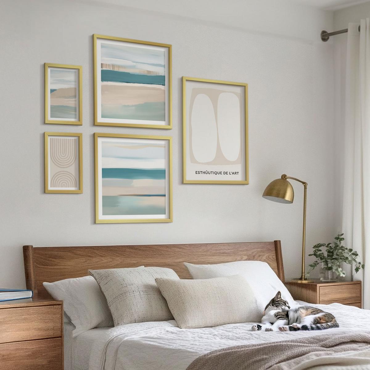 BILDER SET 5er Set - 50x50 cm & 20x30 cm & 40x60 cm Goldrahmen - Abstrakte blaue Landschaften - Goldfarben, Kunststoff (40/60cm) - TULUP