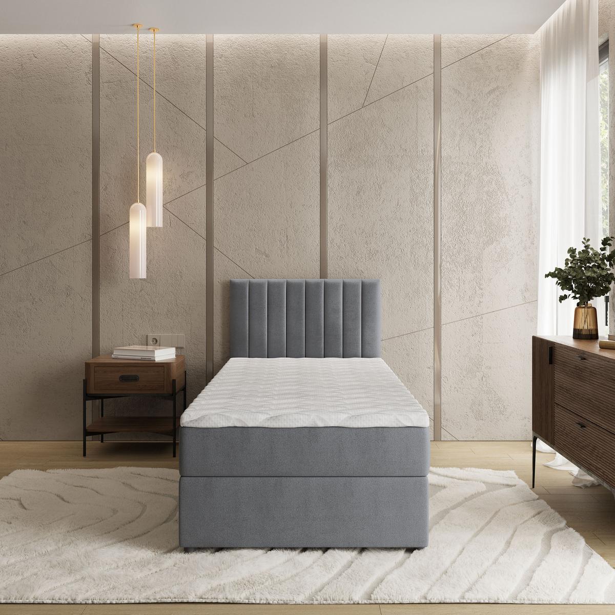 BOXBETT BRESEL 90 90x200 cm mit Matratze und Topper, H2+H3 - Grau - Grau, Holz (90/200cm) - MASSENO