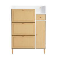 SCHUHESCHRANK Rattan Flach Weiß & Natur Mit 3 Kipp-Türen & 1 Schublade - Naturfarben, Holzwerkstoff (90/125/17cm) - Urban Meuble