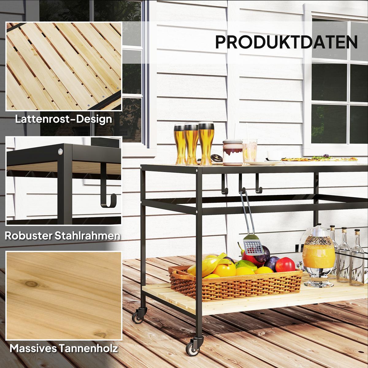 SERVIERWAGEN, Barbecue Trolley mit 2 Regalen, Haken für Garten, Balkon, Natur - Fichtefarben, Metall (65/80/107cm) - Outsunny