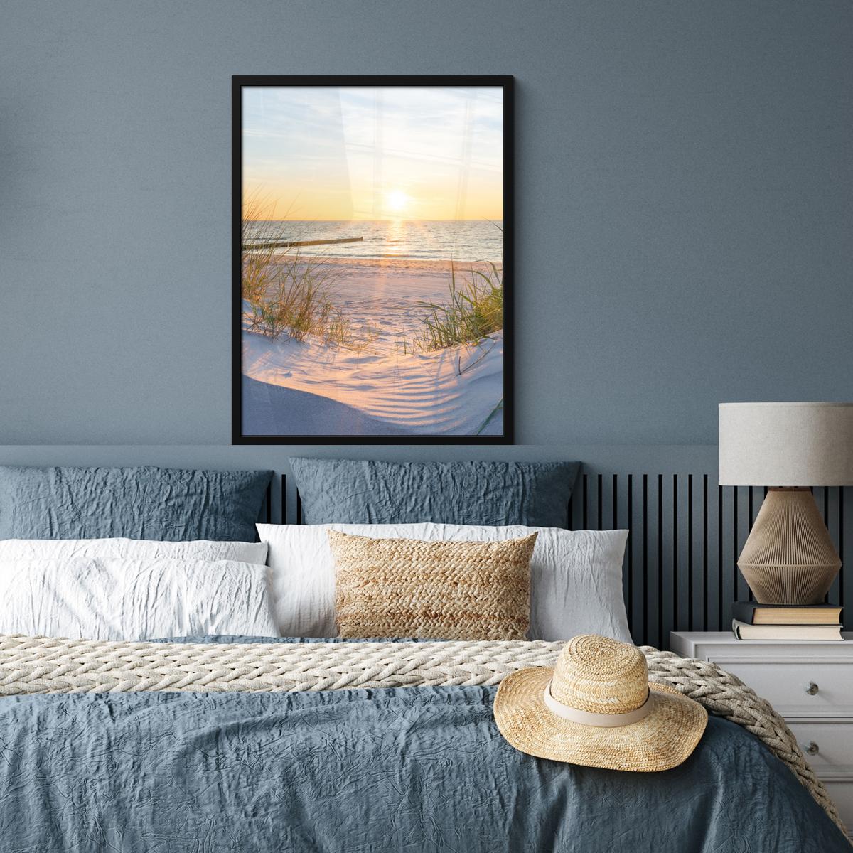 POSTER MIT RAHMEN Strand - Sonne - Düne - Gras - Sand - Horizont Posterleiste 60x80 cm - Hellblau, Papier (60/80cm) - MuchoWow