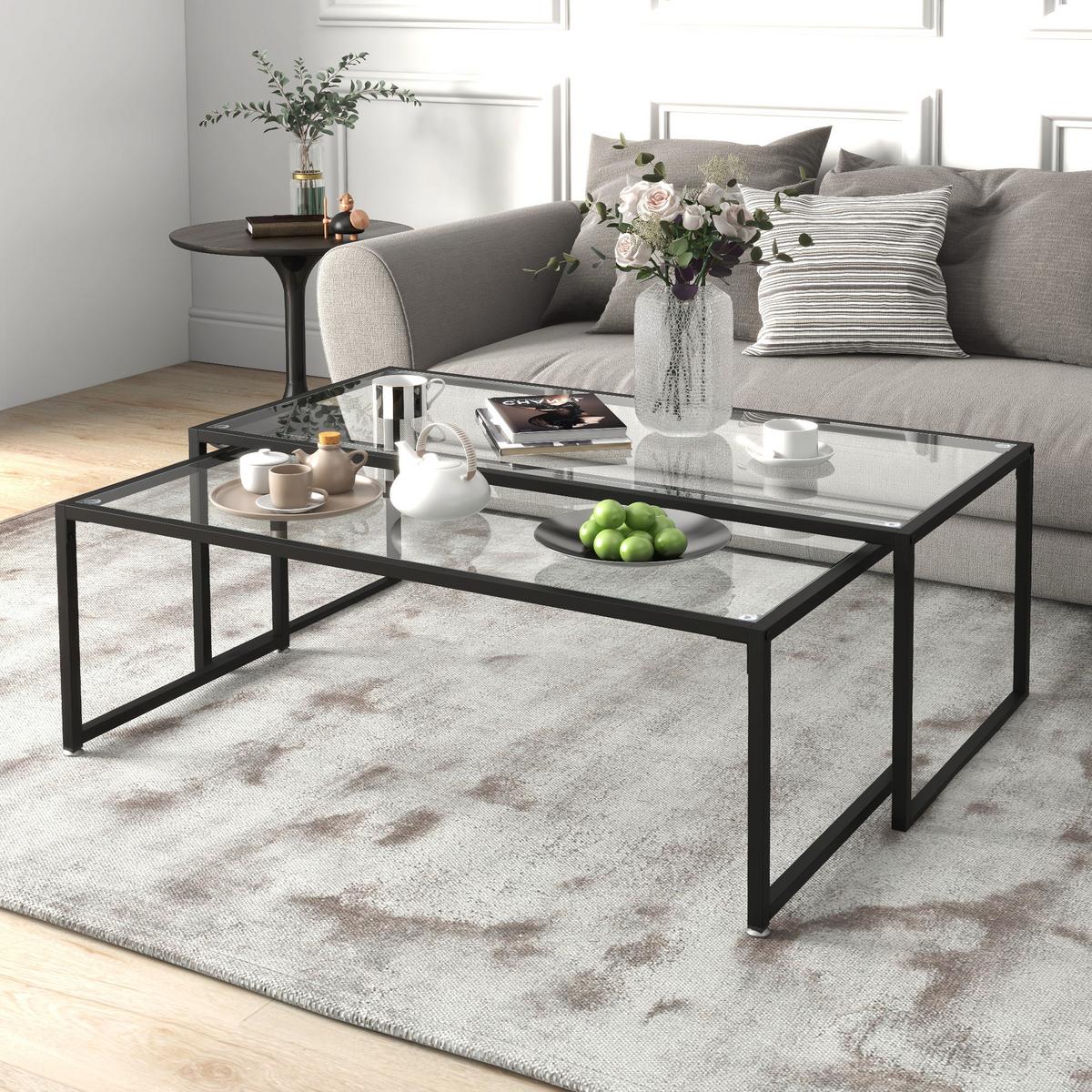 COUCHTISCH 2er-Set Beistelltisch, Kaffeetisch, Satztisch, Glastisch, Stahl - Transparent, Glas/Metall (119/56/44.5cm) - HOMCOM