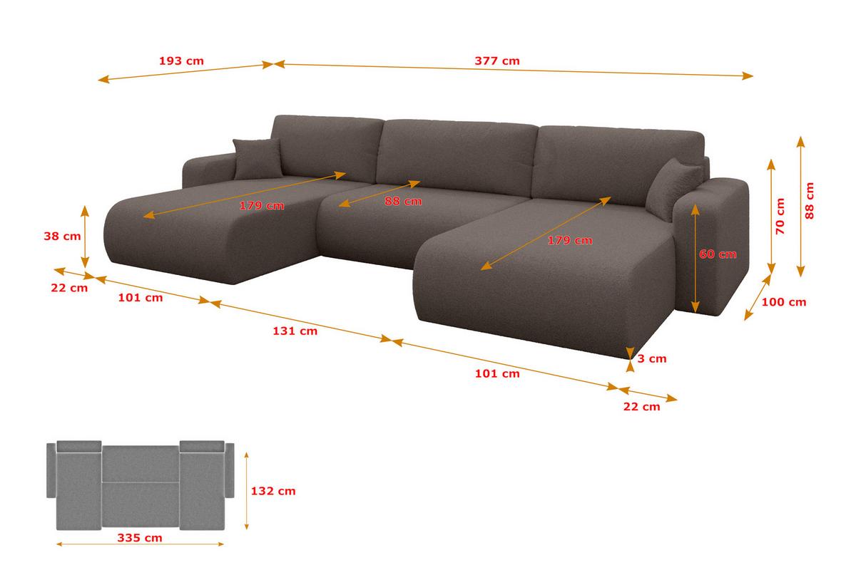 WOHNLANDSCHAFT mit Schlaffunktion und Bettkasten BERY-U 377x193x88 Braun Bouclé - Schwarz/Braun, Holzwerkstoff/Kunststoff (377/88/193cm) - ALTDECOR