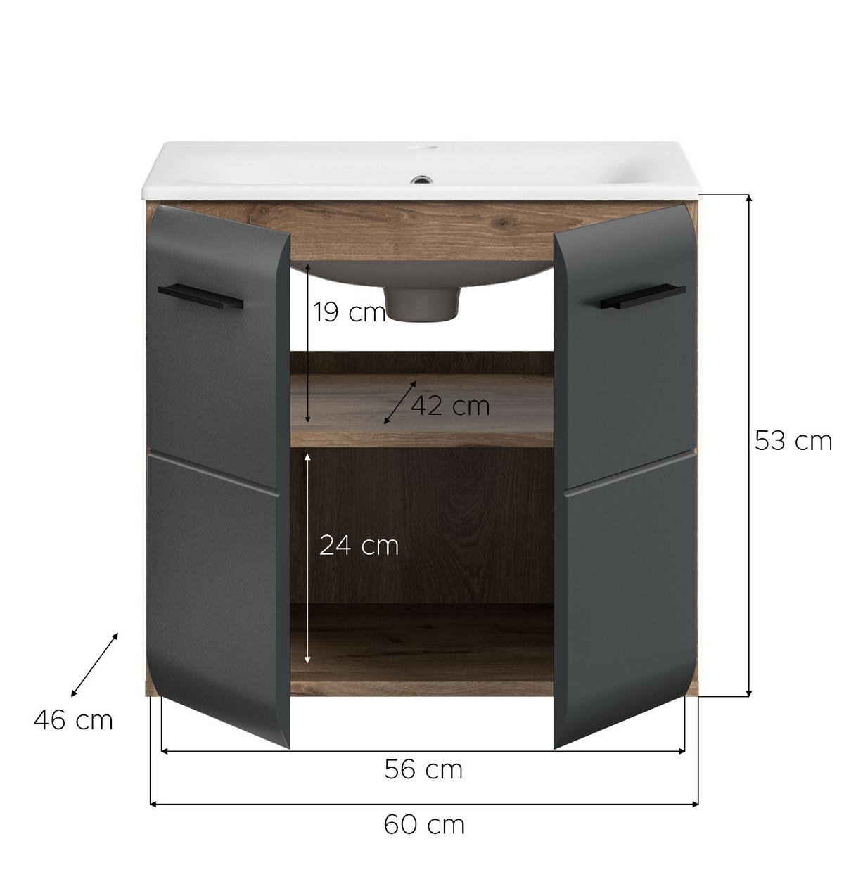 WASCHTISCH schwarz matt, Eiche Nox, Waschtischunterschrank hängend 60 cm mit Waschbecken - Eichefarben/Schwarz, Keramik/Holzwerkstoff (60/55/46cm) - Inn.Furn