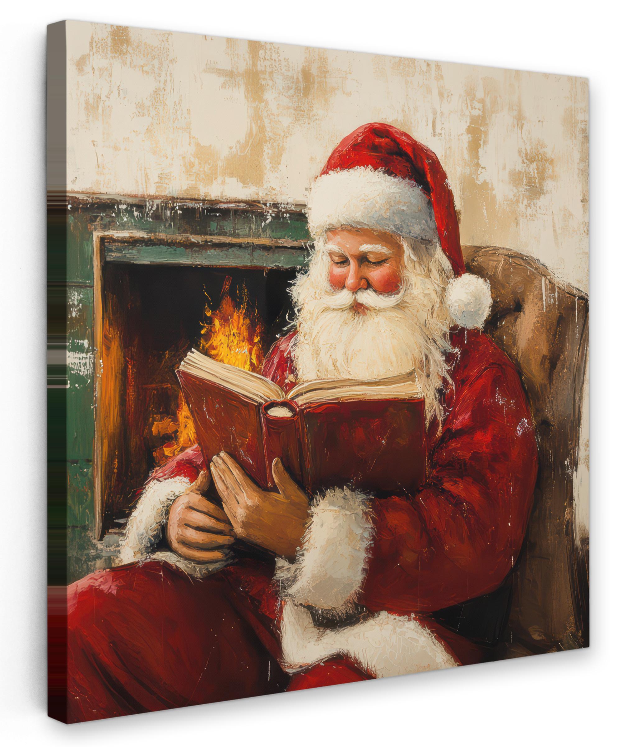 LEINWANDBILD Weihnachten - Weihnachtsmann - Winter - Open Fireside Wandbild Wohnzimmer 50x50 cm - Dunkelrot, Textil (50/50cm) - MuchoWow