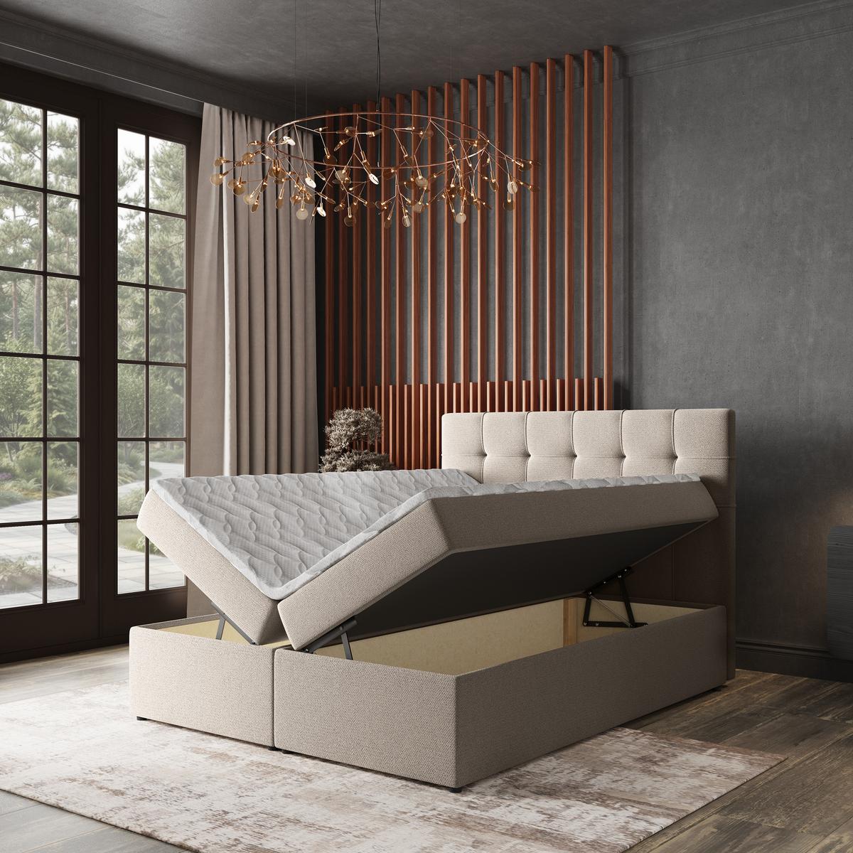 BOXBETT PALMA 180x200 cm mit Matratze und Topper, H2+H3 - Beige - Beige, Holz (180/200cm) - MASSENO