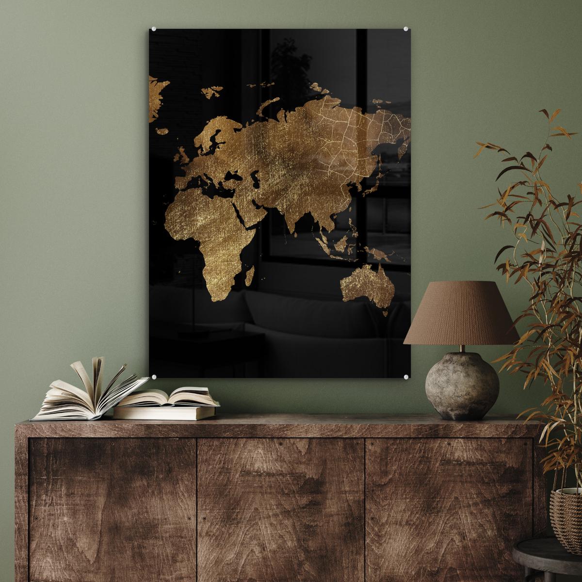 ACRYLGLASBILD Weltkarte - Gold - Luxus - Erde - Schwarz 60x80 cm - Goldfarben, Glas (60/80cm) - MuchoWow