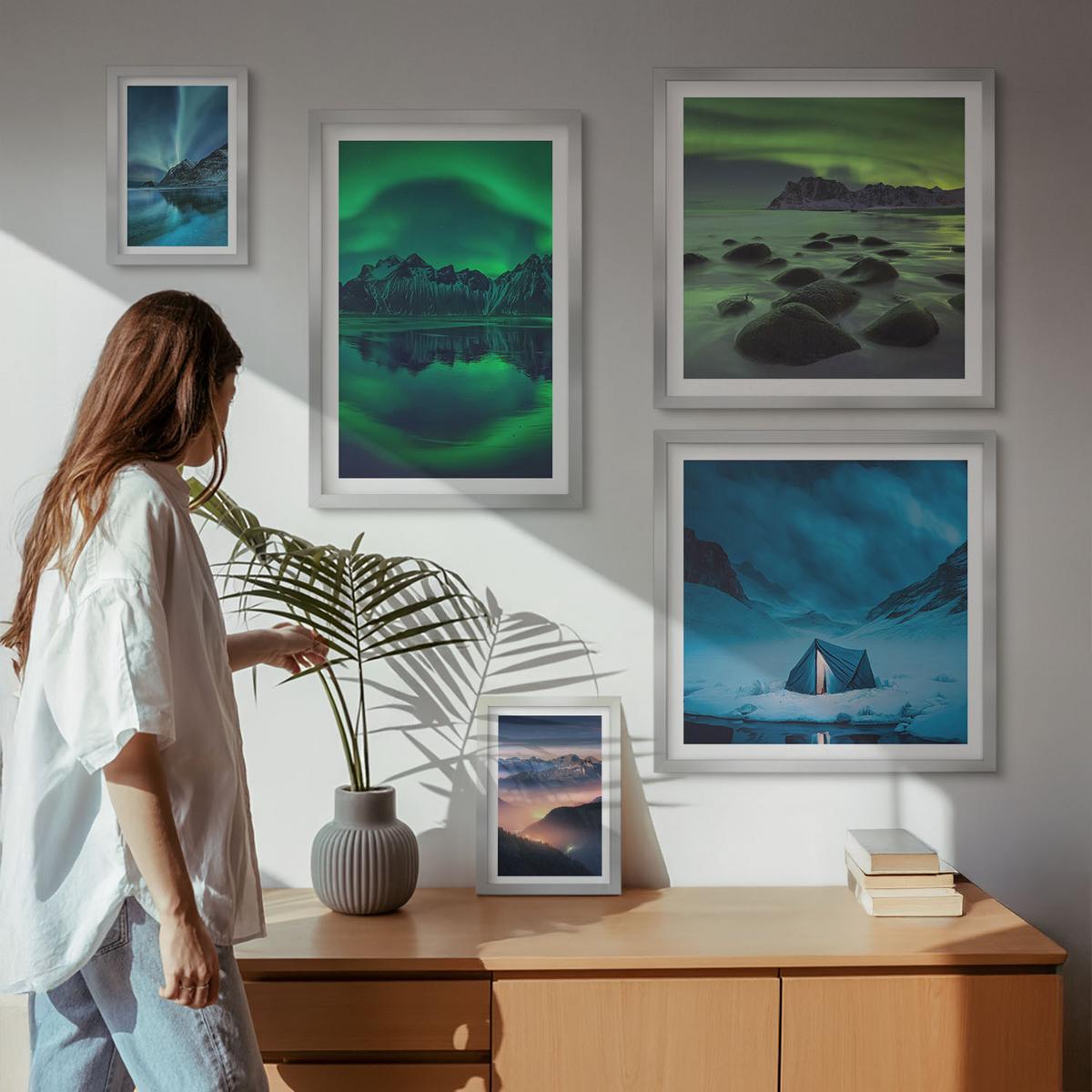 BILDER SET 5er Set - 50x50 cm & 20x30 cm & 40x60 cm Silberner Rahmen - Stilvolle Pflanzenmuster und Geometrie - Silberfarben, Kunststoff (40/60cm) - TULUP