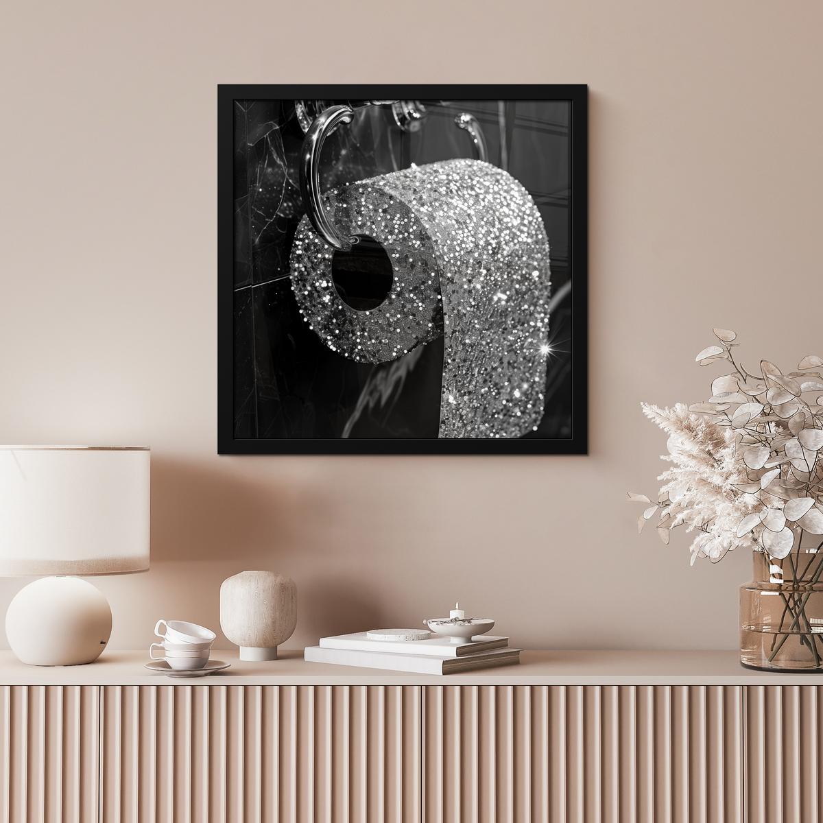 POSTER MIT RAHMENGERAHMTES BILD WC - Toilettenpapier - Schwarz und weiß - Glitter 40x40 cm - Silberfarben, Papier (40/40cm) - MuchoWow