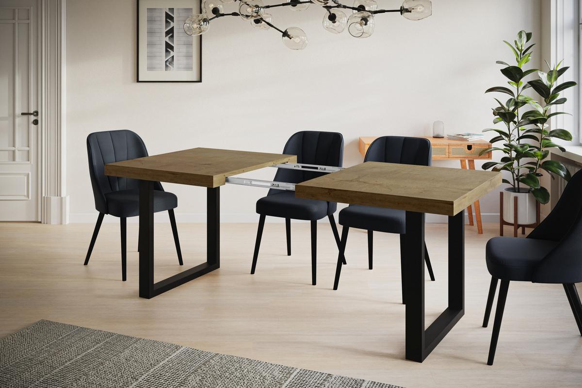 INDUSTRIELLER Esszimmertisch LOFT-U, ausziehbarer Tisch, Größe: 120-220X80X77 cm, Wohnzimmertisch Farbe: LEFKAS, mit Metallbeinen in Farbe Schwarz - Dunkelbraun/Schwarz, Holzwerkstoff (120/80/77cm) - Alpi-Möbel