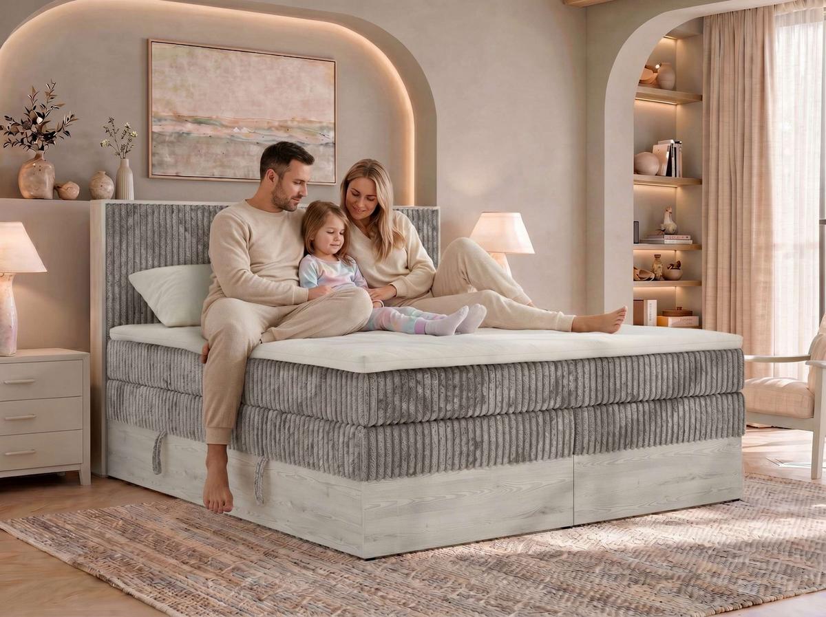 BOXSPRINGBETT NORDIC KING 140/200 - Grau Cord - Topper Visco - H3 - Schwarz/Grau, Kunststoff/Textil (140/200cm) - MKS