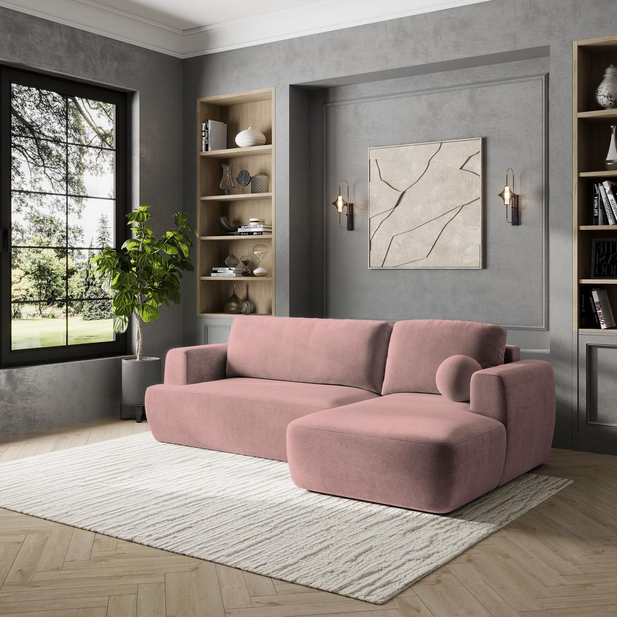 ECKSOFA SENTI K R-S Rosa Plüsch-Stoff mit Schlaffunktion - Schwarz/Rosa, Holz/Kunststoff (246/148cm) - MASSENO