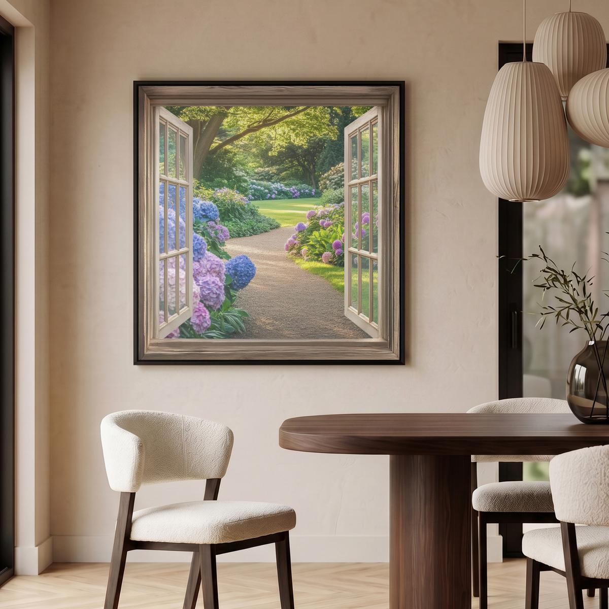 LEINWAND Bilder mit Rahmen - Aussicht - Garten - Fenster - Hortensie - Blumen - 90x90 - Pastellblau, Textil (90/90cm) - MuchoWow