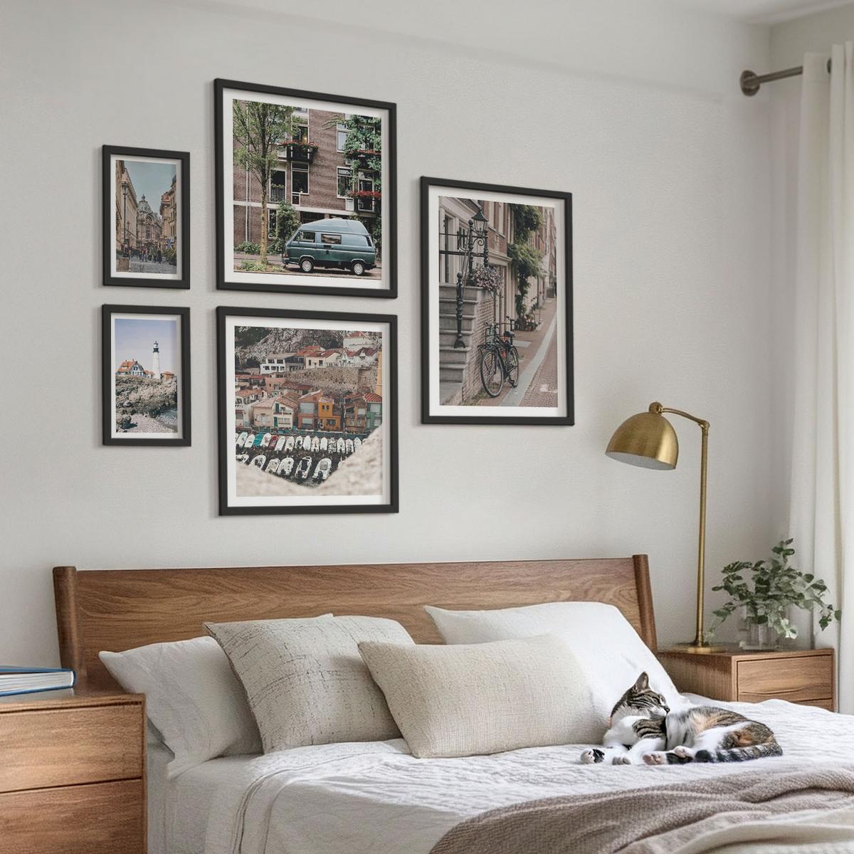 BILDER SET 5er Set - 50x50 cm & 20x30 cm & 40x60 cm Schwarzer Rahmen - Elegante Muster auf Steinen - Schwarz, Kunststoff (40/60cm) - TULUP