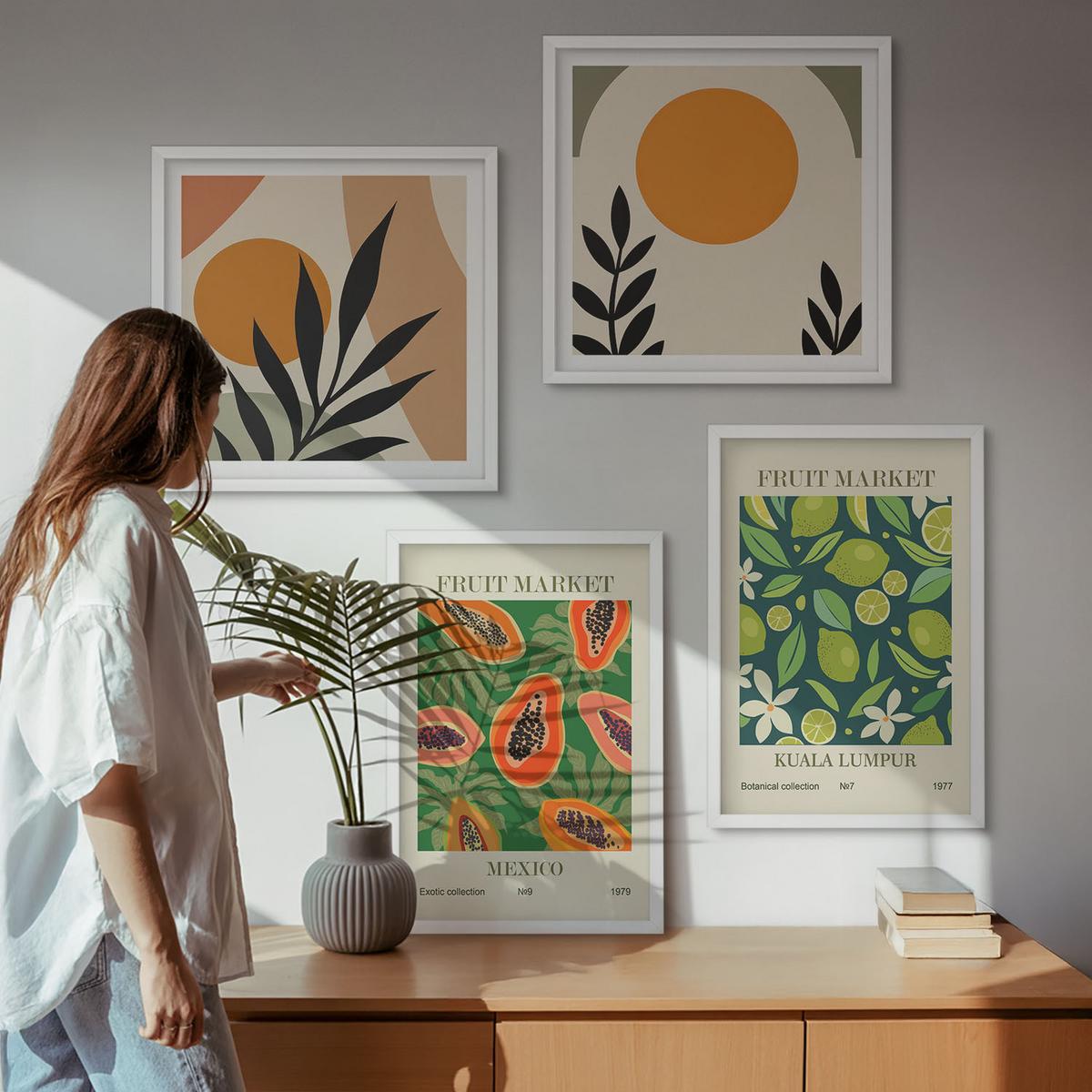 BILDER SET 4er Set - 50x50 cm & 40x60 cm Weißer Rahmen - Boho-Papaya-Fruchtmuster - Weiß, Kunststoff (50/50cm) - TULUP
