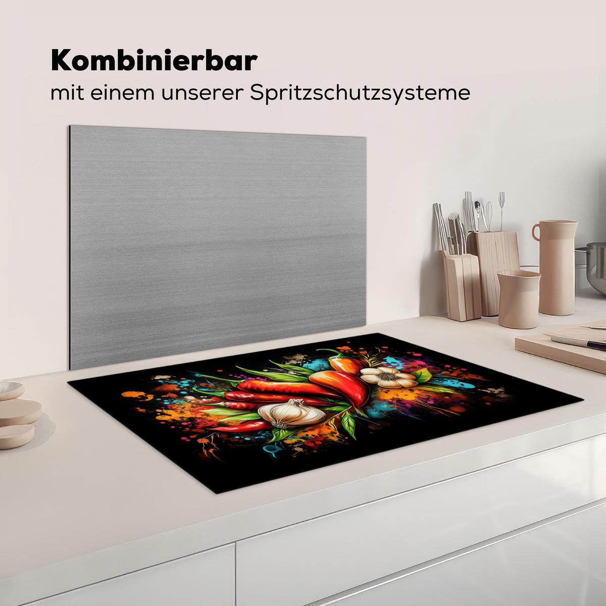 HERDABDECKPLATTE Gemüse - Paprika - Knoblauch - Graffiti - Farbe - Bunt Induktionsschutz 81.6x52.7 cm - Rot, Kunststoff (81.6/52.7/0.2cm) - MuchoWow